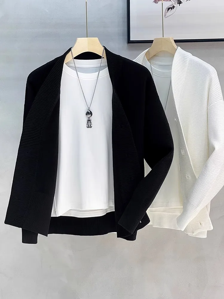 

Мужской свободный вязаный свитер-куртка: модный повседневный V-образный вырез, длинный рукав, осенне-весенняя верхняя одежда для мужчин