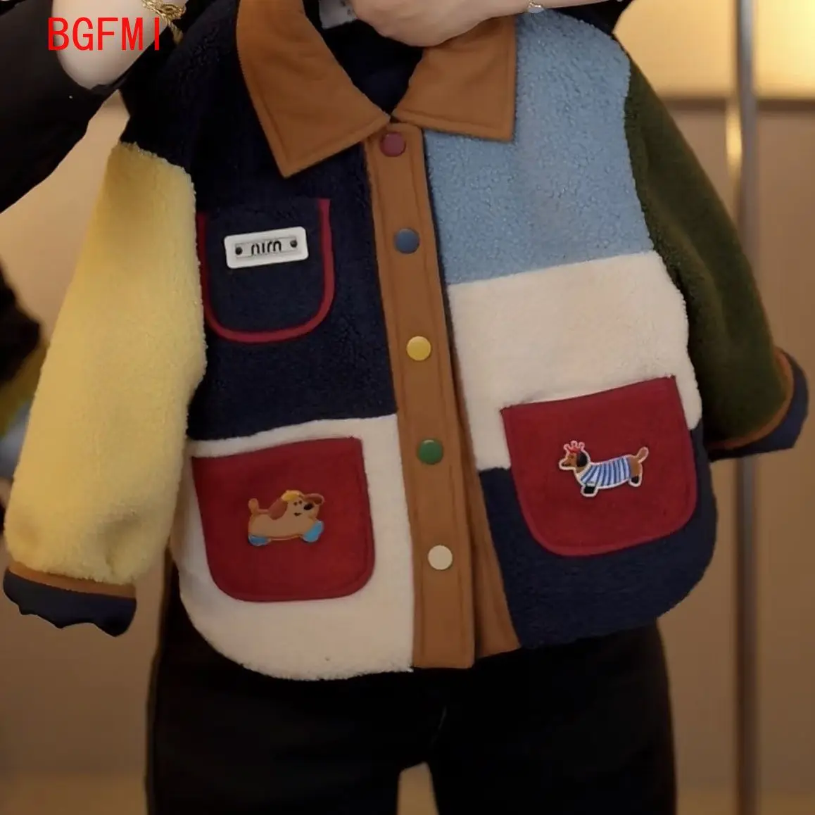 Children's Color Retro Design Sense Colorful Checkered Loose Imitation Lamb Wool Short Coat Stretching Sandwiching Cotton 2-9Y