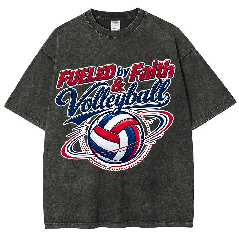 Fueled by Faith Volleyball Graphic T Shirt Men Women Vintage Washed Short Sleeve Casual Sports Streetwear Tee ﻿