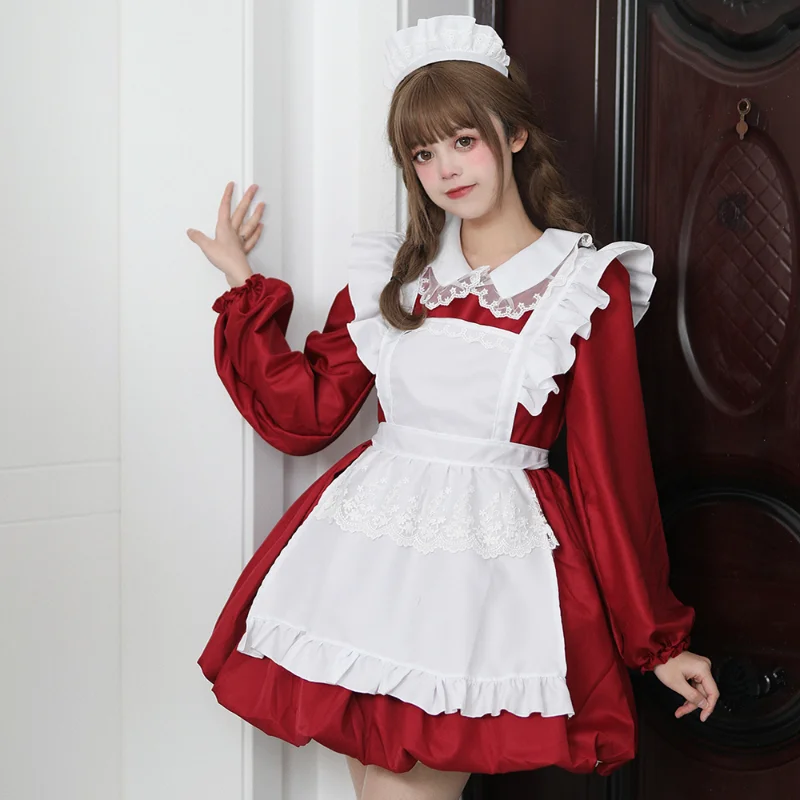 Anime Maid Costume Japanese Kawaii School Gift Party Dress Long Sleeve white red Princess Animation Show Maid Roleplay Outfit