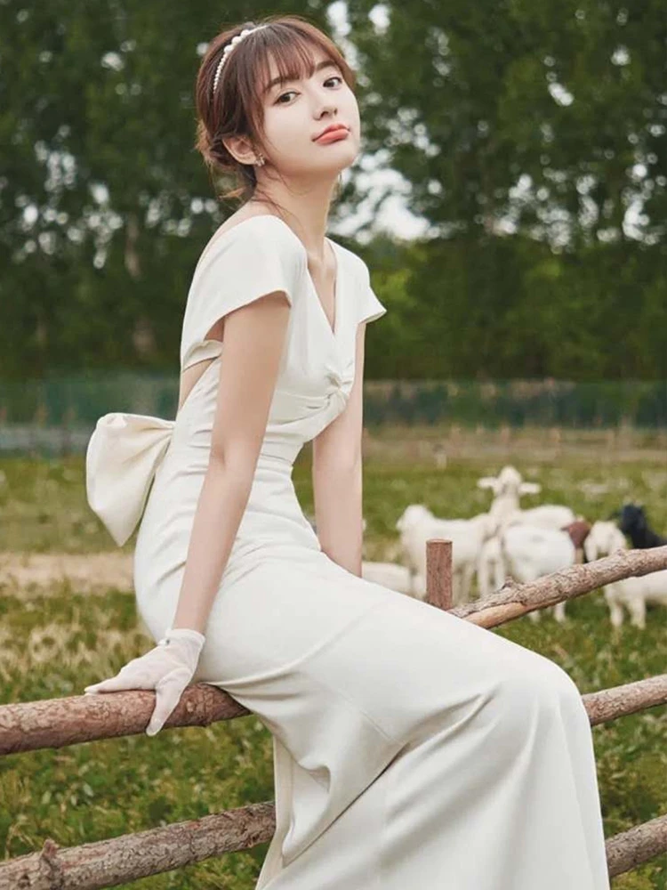 

Шелковое атласное вечернее платье 2024 года, новое, белое, простое, винтажное, для невесты, на свадьбу, день рождения, для фотосессий в путешествиях, с шлейфом, в стиле принцессы