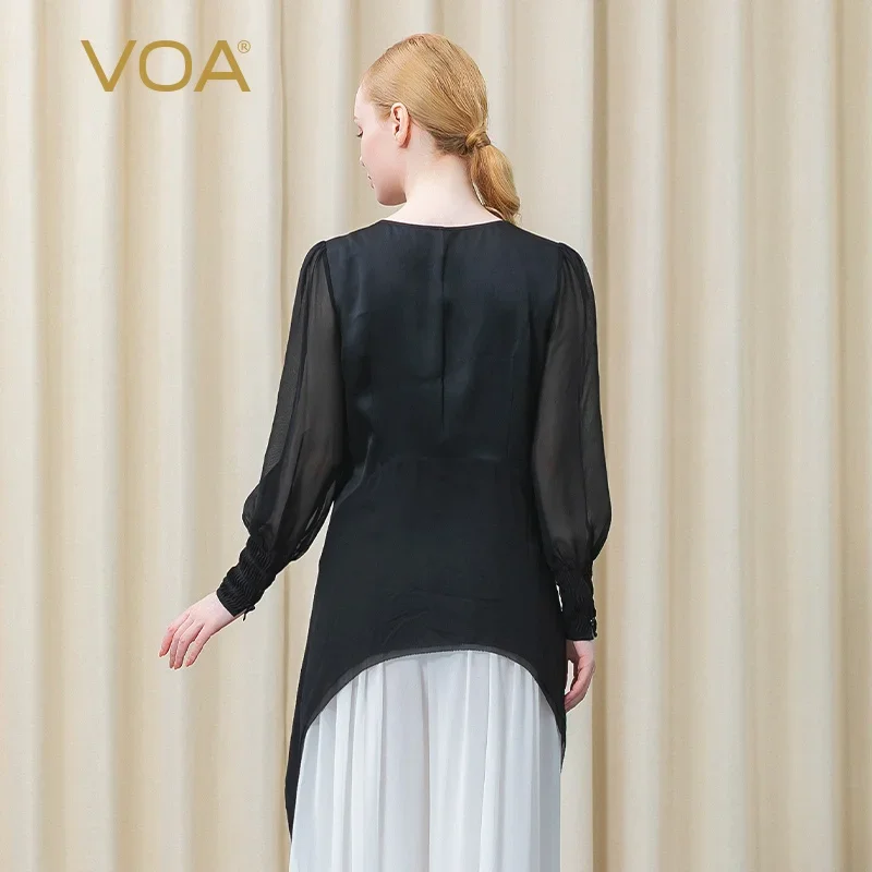 VOA Silk Tops 40m/m Heavy Double-sided Satin Round Neck Perspective Long Sleeve Black Slim Curved Hem T-shirt Woman BE663