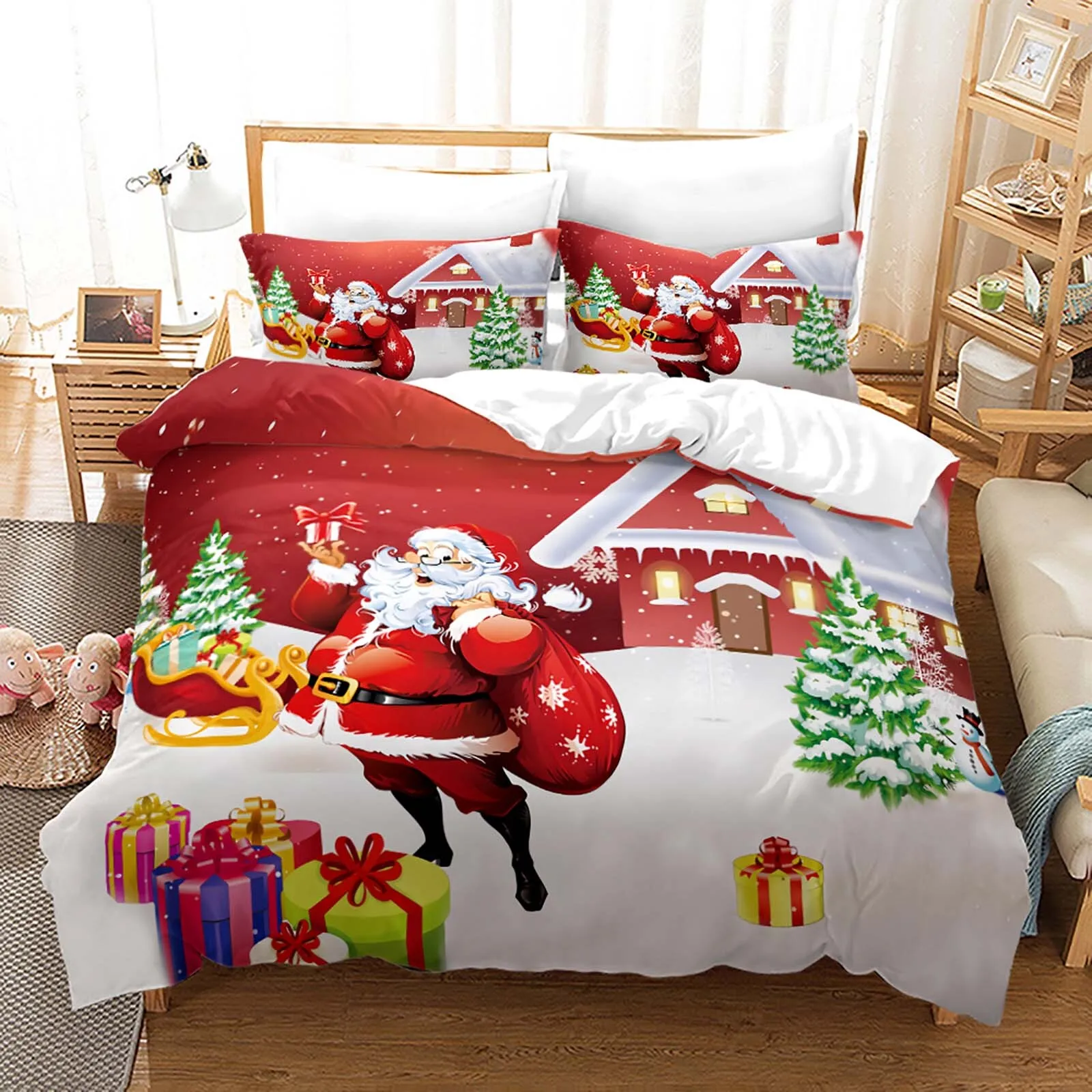 Red Christmas Duvet Cover Santa Claus Snowman Bedding Set Microfiber Cartoon Comforter Cover With Pillowcases Kids Gift