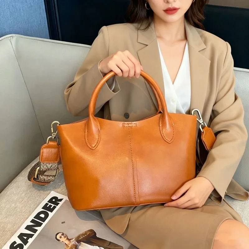 Minimalist Everyday Tote Bag for Women Genuine Leather Vegetable-Tanned Convertible Adjustable Shoulder Bag Luxury Handbag