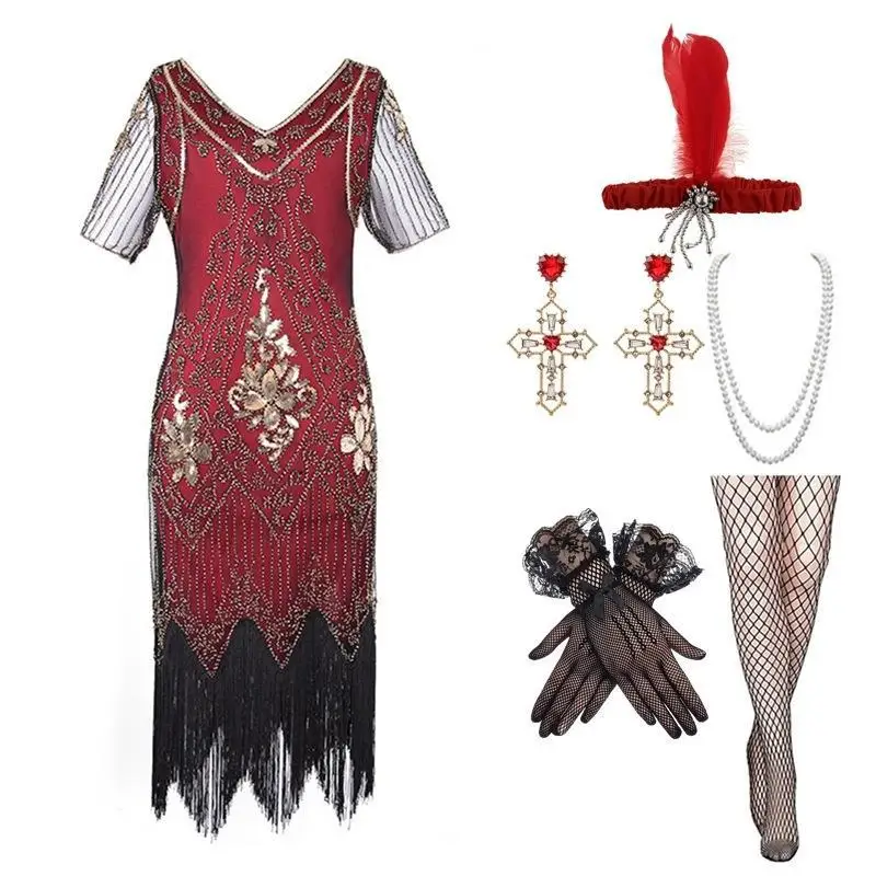 

Halloween Women's Vintage 1920s Gatsby Sequin Beaded Long Fringed Tassels Hem Flapper Dress Robe Vestidos Accessories Set
