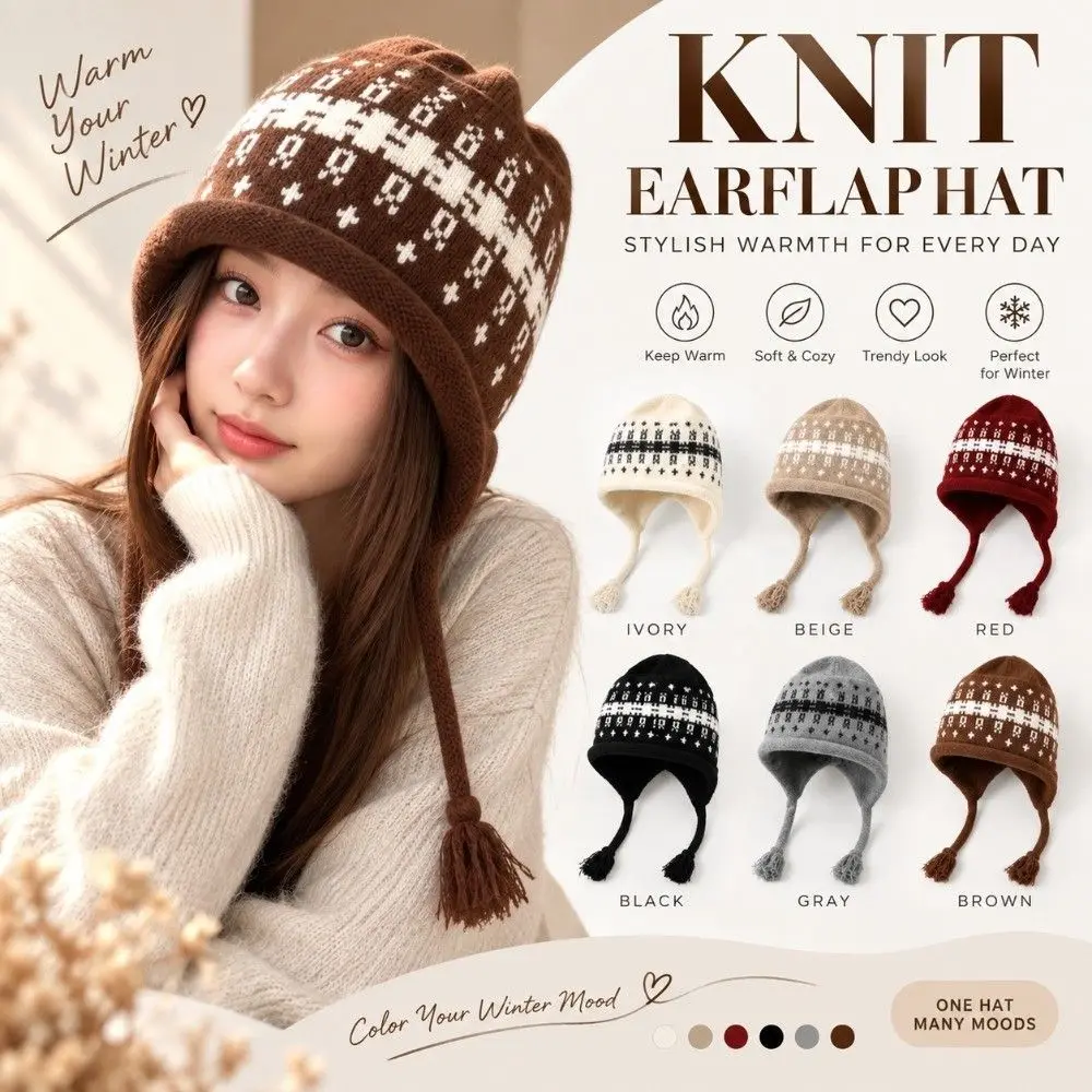 New Windproof Knit Hat Warm Knit Ear Coverage Tassel Beanie Vintage Pattern Stretch Fit Knit Cap Gift