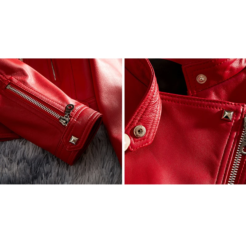 المستوردة جلد الخراف المرأة سترات من الجلد الحقيقي موضة الأحمر الوقوف طوق دراجة نارية سترة قصيرة سليم صالح سترة جلد الغنم الإناث