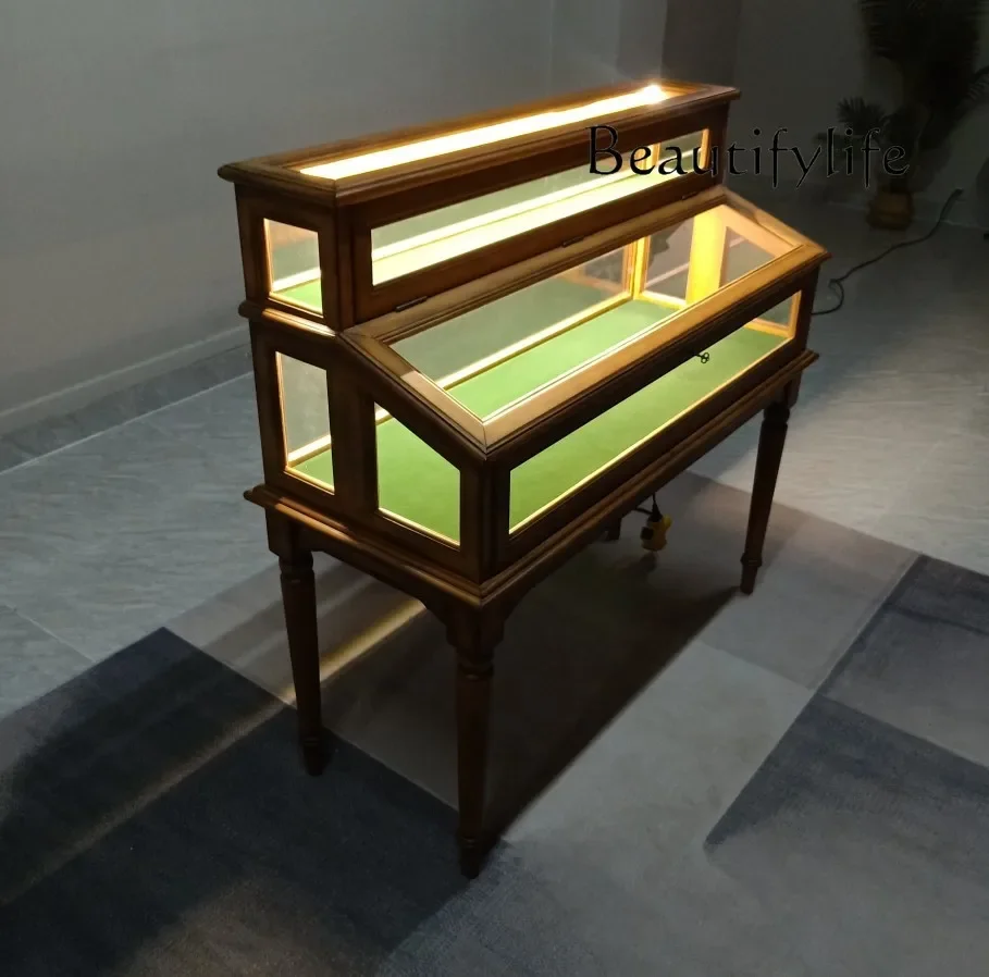 

aQ Double-layer display cabinet, all solid wood display cabinet, nostalgic locker, neutral lamp decorative cabinet