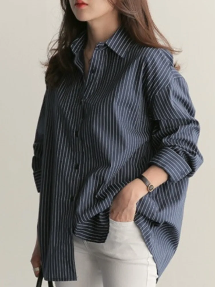 Coréen Sle ample longue Sve rayé irt femmes monocouche vêtements intérieurs automne printemps Faionable blanc irt