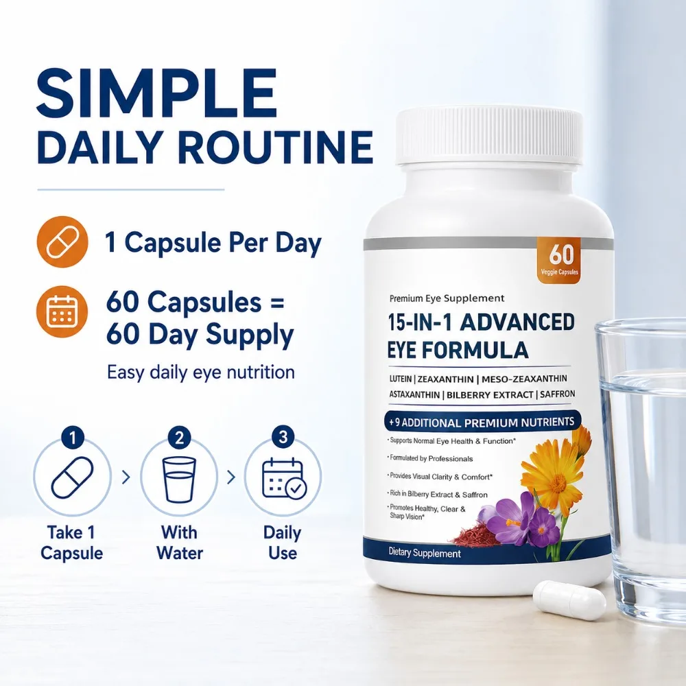 Eye Vitamins Lutein Zeaxanthin Astaxanthin 15 in 1 Advanced Eye Formula Bilberry Saffron for Clear Vision 60 Veggie Capsules