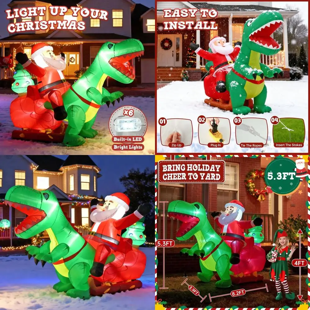 

Giant 8.2FT LED-lit Santa Riding Dinosaur Inflatable Outdoor Christmas Yard Decoration with Sandbags, Stakes, and Strings