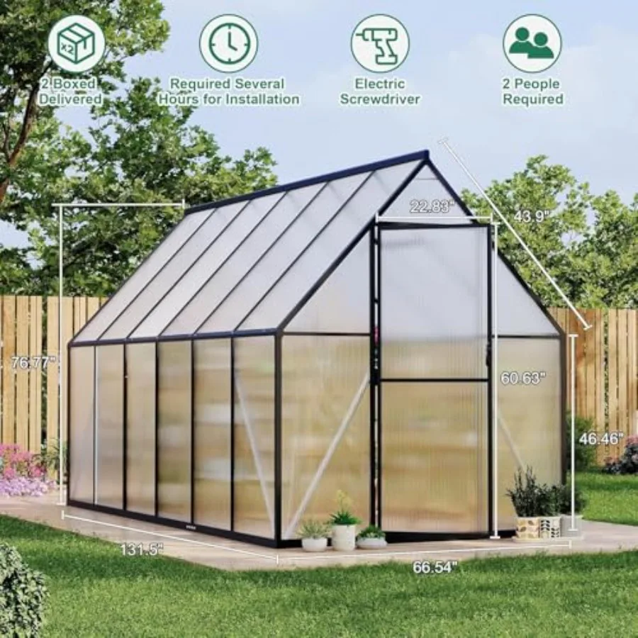 Greenhouse for outdoor use, aluminum-framed with polycarbonate panels, silver-gray color, heavy-duty quick-setup structure and