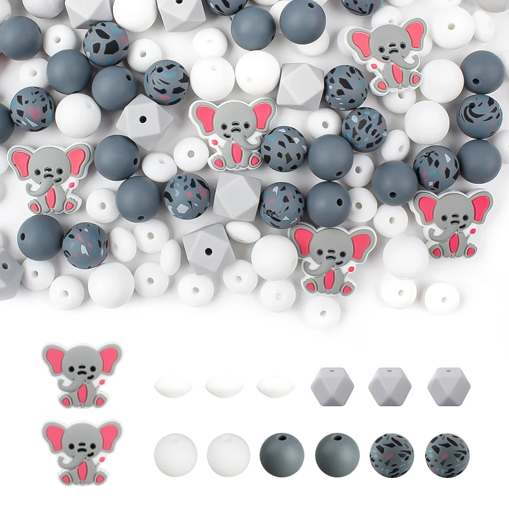 

30Pcs Elephants Silicone Beads Set Printed Round Beads Animal Baby Teething Teether DIY Pacifier Chain Accessories