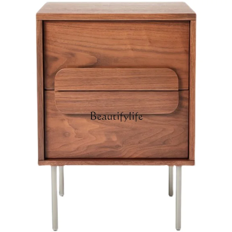 Modern simple Nordic light luxury minimalist black walnut storage double pumping bedside cabinet