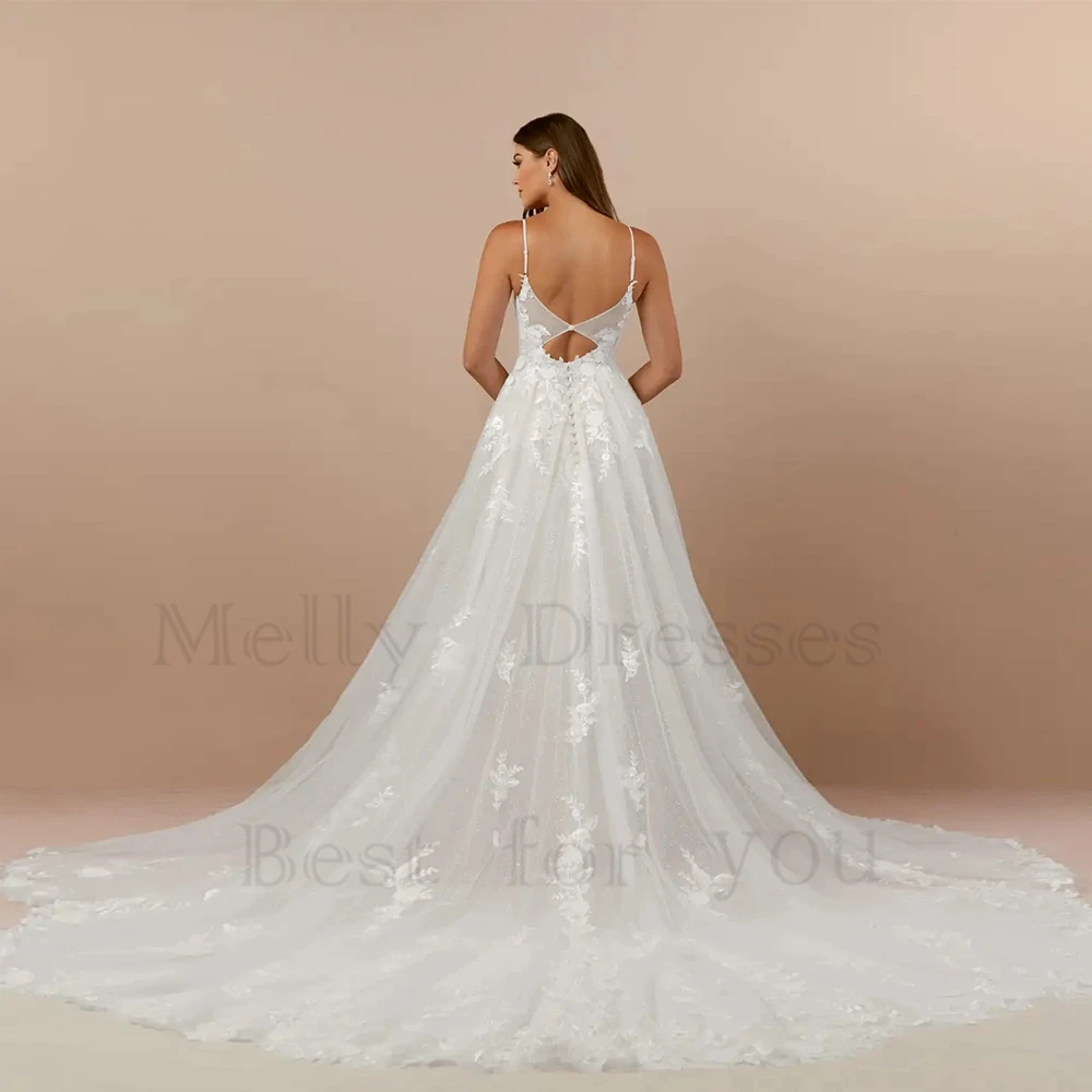 Abiti da sposa avorio con spalline sottili per donna 2024 abiti da sposa in Tulle morbido estivo con pizzo New Sweep Train Robe De Soirée