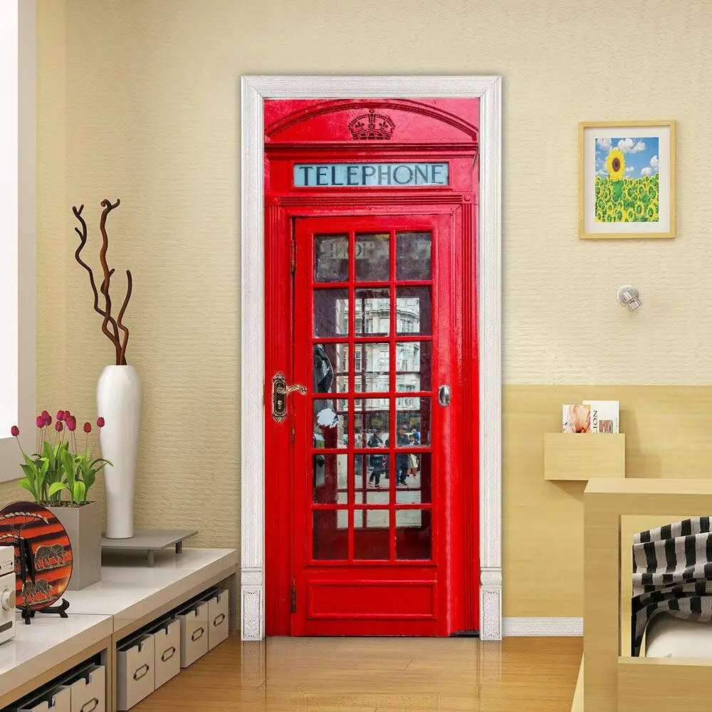 London Red Telephone Door Sticker 3D Paris Modern Art Design Wallpaper PVC Sticker for Room Decorative Removable Freezer Posters