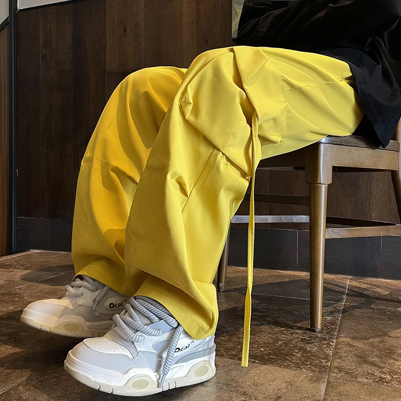 New Men's Pants Ribbons Hip Hop Streetwear Big Pocket Drawstring Yellow Black Draped Loose Long Straight Young Trousers Man