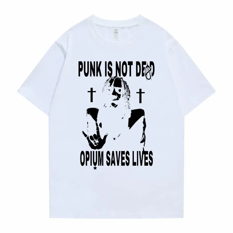 Hip Hop Oversized Playboi Carti Punk Is Not Ded Opium Saves Lives Print Tshirt Men Women Casual Loose T Shirt Men's Black Tees