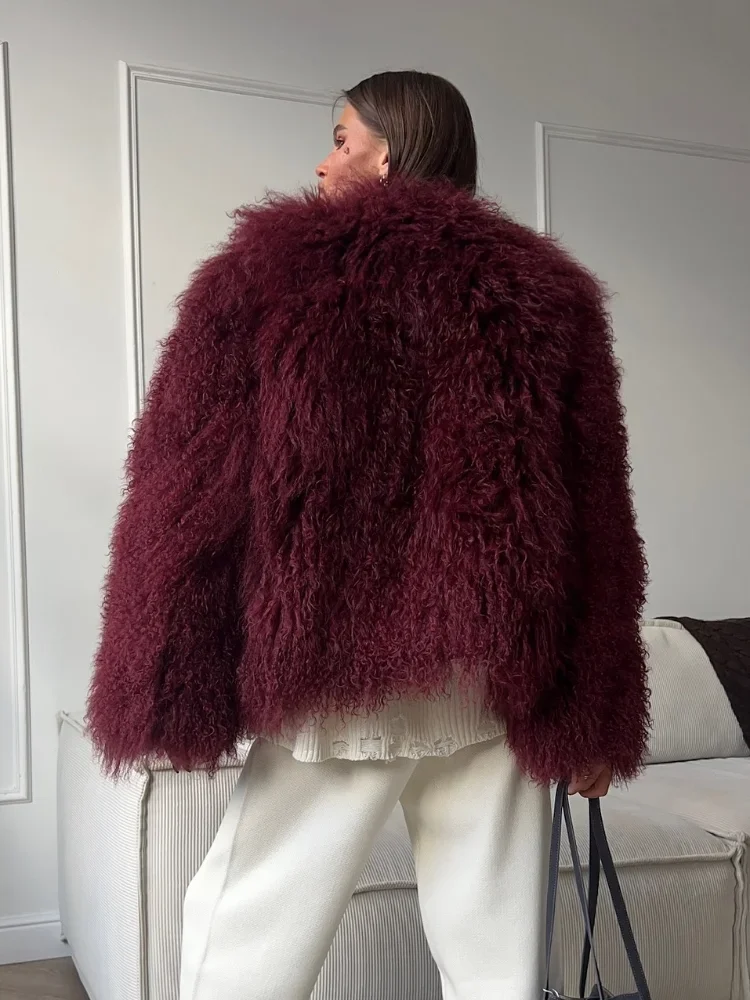 2024 New Burgundy Oversized Fluffy Faux Fur Coat Fashion Women Round Neck Long Sleeved Warm Jacket Winter Lady Loose Streetwear