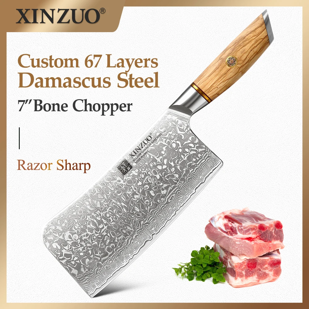 

XINZUO 7 inch Bone Chopper Kitchen Knife Custom 67 Layers Damascus Steel Cleaver Chopping Knives With Olive Wood Handle