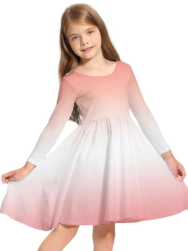 Children's Clothing Long Sleeved Dress  Large Swing Skirt Round Neck Gradient