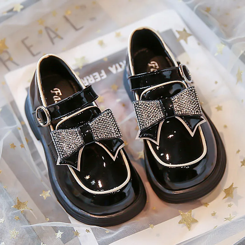 Children‘s Leather Shoes Rhinestone bowkont Girls Party Flats Kids Loafers 2023 New Arrival Student Princess Performance Shoes