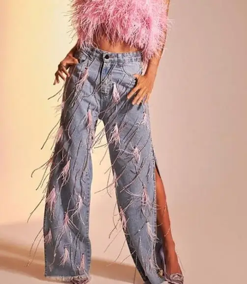 

2026 New Fashion Trend Personalized Feather Rhinestone Chain Decoration Design High Waist Side Slit Women's Straight Leg Jeans