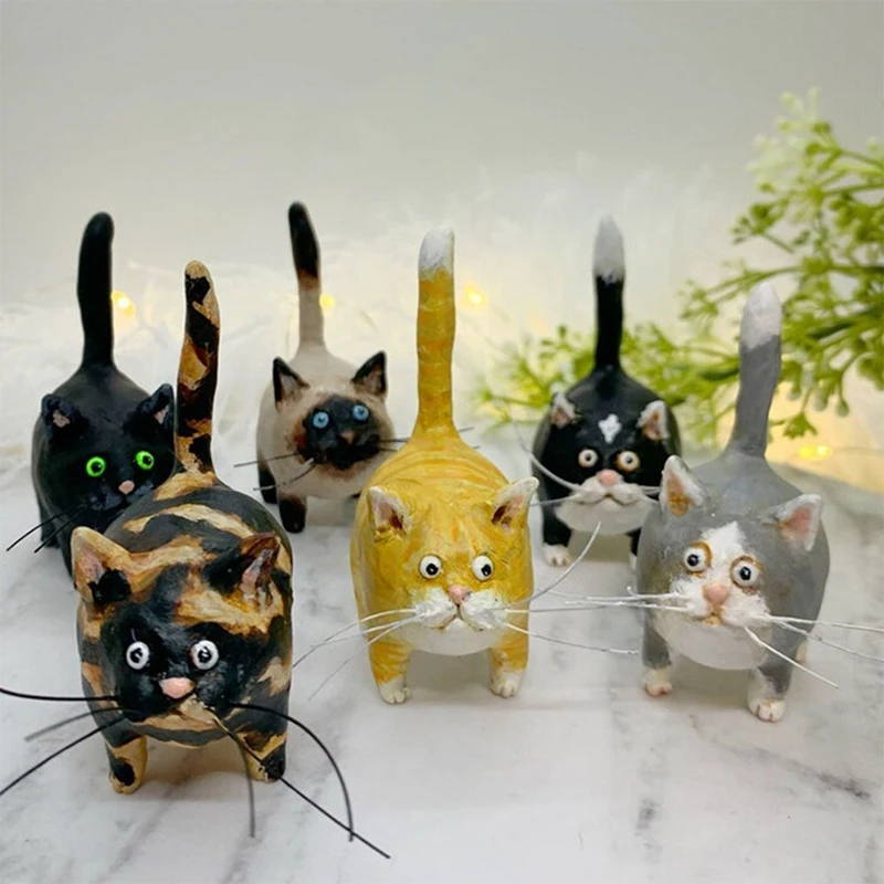 6PCS Tortoiseshell Cats Mini Miniature Tail Erect Cats Ornament Whimsical Funny Hanging Statue Home Decor