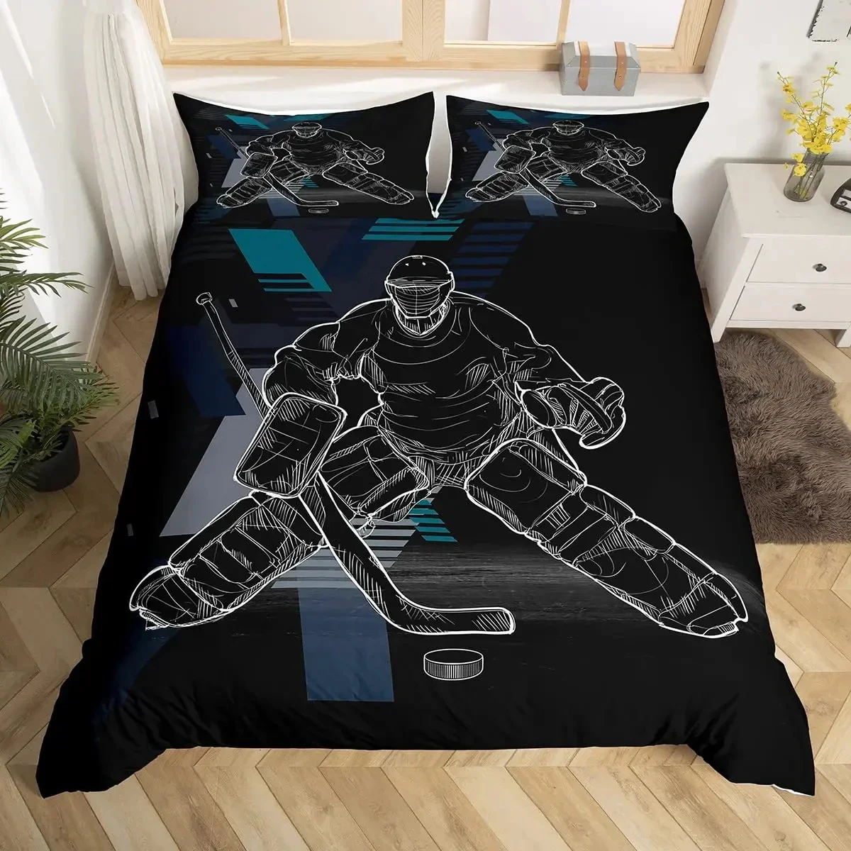 Hockey Duvet Cover Set 2/3pcs Hockey Sports Comforter Cover Polyester Hockey Puck Ball King Queen Size Quilt Cover for Boys