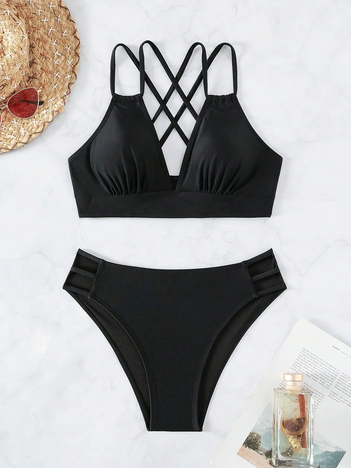 Women\'s  Split Bikini Suit Double Shoulder straps Bra Cross-adjustable waist Hollow Female swimsuit Sexy Beach Set