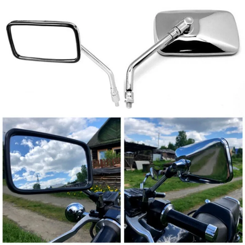 Par universal retângulo motocicleta espelhos retrovisores 10mm cromo retrovisor moto espelho moto para honda moto scooter e-bike