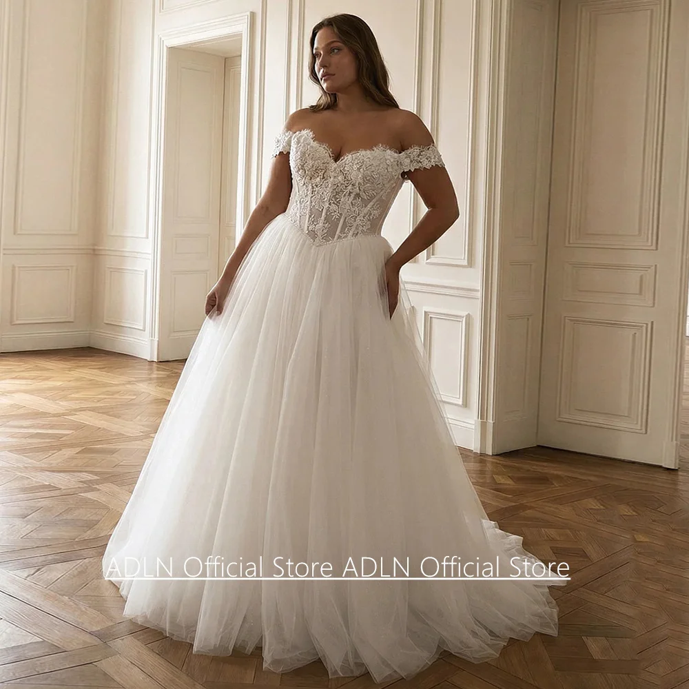 Korsett-Hochzeitskleid in Übergröße, maßgeschneidert, schulterfrei, mit Perlenapplikationen, Glitzer-Tüll, A-Linie, Brautkleid mit Schleppe