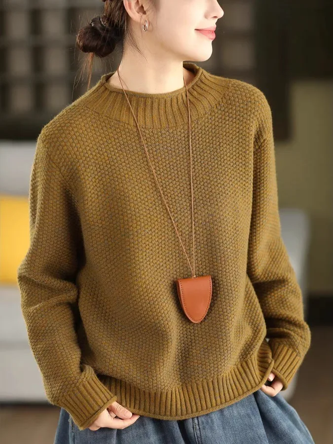 Sweter damski z dzianiny z wzorem sosny, z podwójnej bawełny, rozmiar L, z wysokim kołnierzem, modny top.