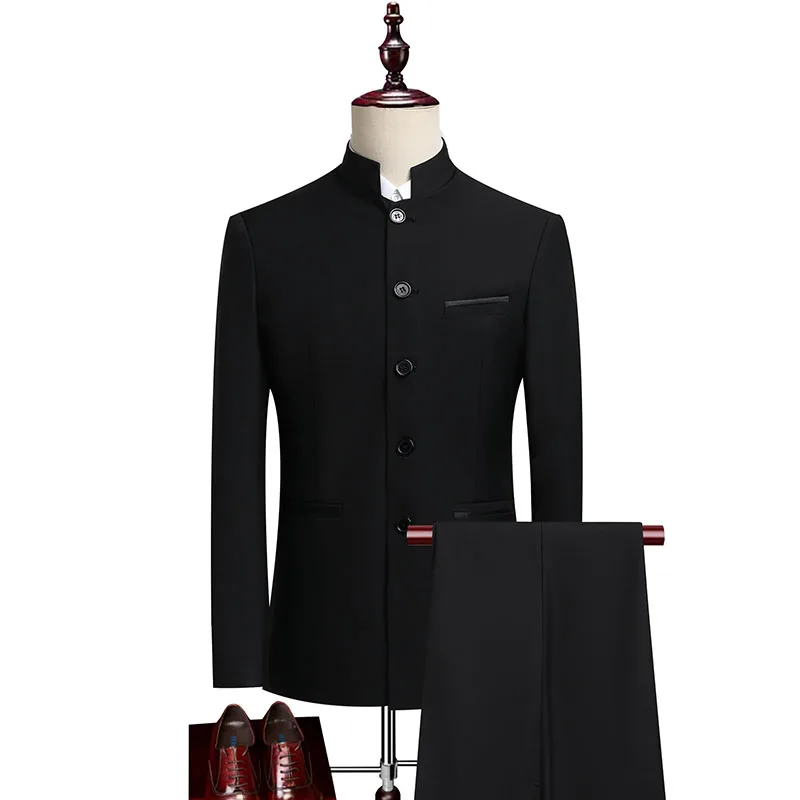 

Костюм (пиджак + брюки) Мужской модный деловой деловой костюм Профессиональный свадебный шафер Повседневный костюм Чжуншань с воротником-стойкой