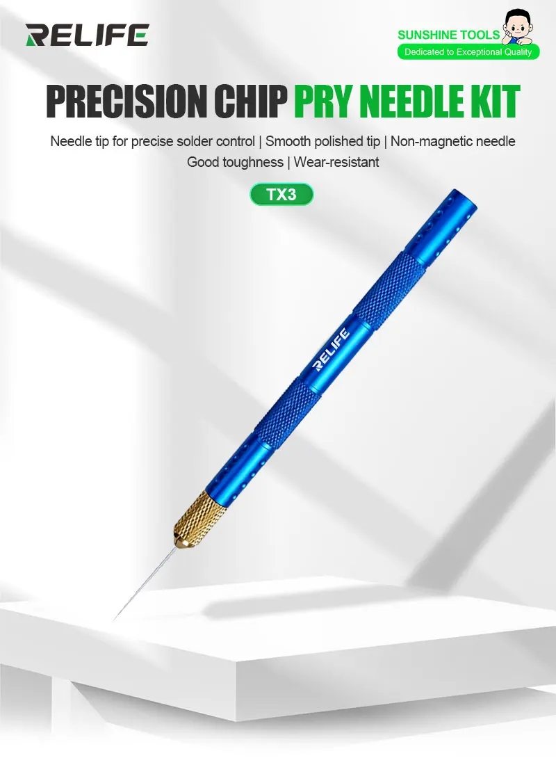 RELIFE TX3 Chip Pry Needle Tool Kit with Ergonomic Handle for BGA SMD Motherboard Component Removal Non Magnetic Tip Repair Tool