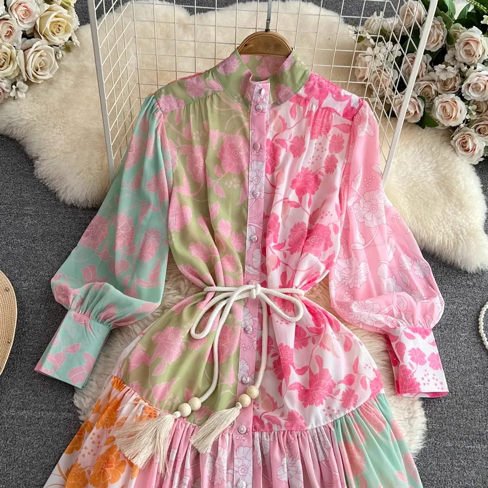 Luxury Fashion Spring Summer Women Chic Print Pleated Elegant Lantern Sleeve Dress A Line Casual Lace Up Vacation Party Dress