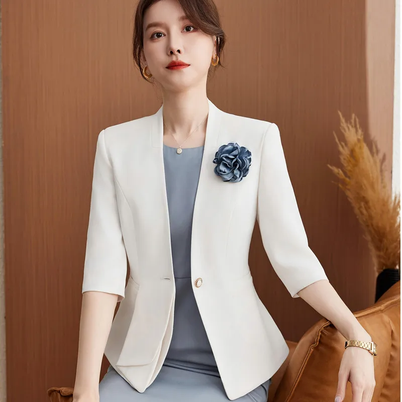 NAVIU New Fashion Eleagnt Slim Fit Small Suit Coat Womens Summer Thin 2024 White Blazer Business Work Wear Jacket Send corsage