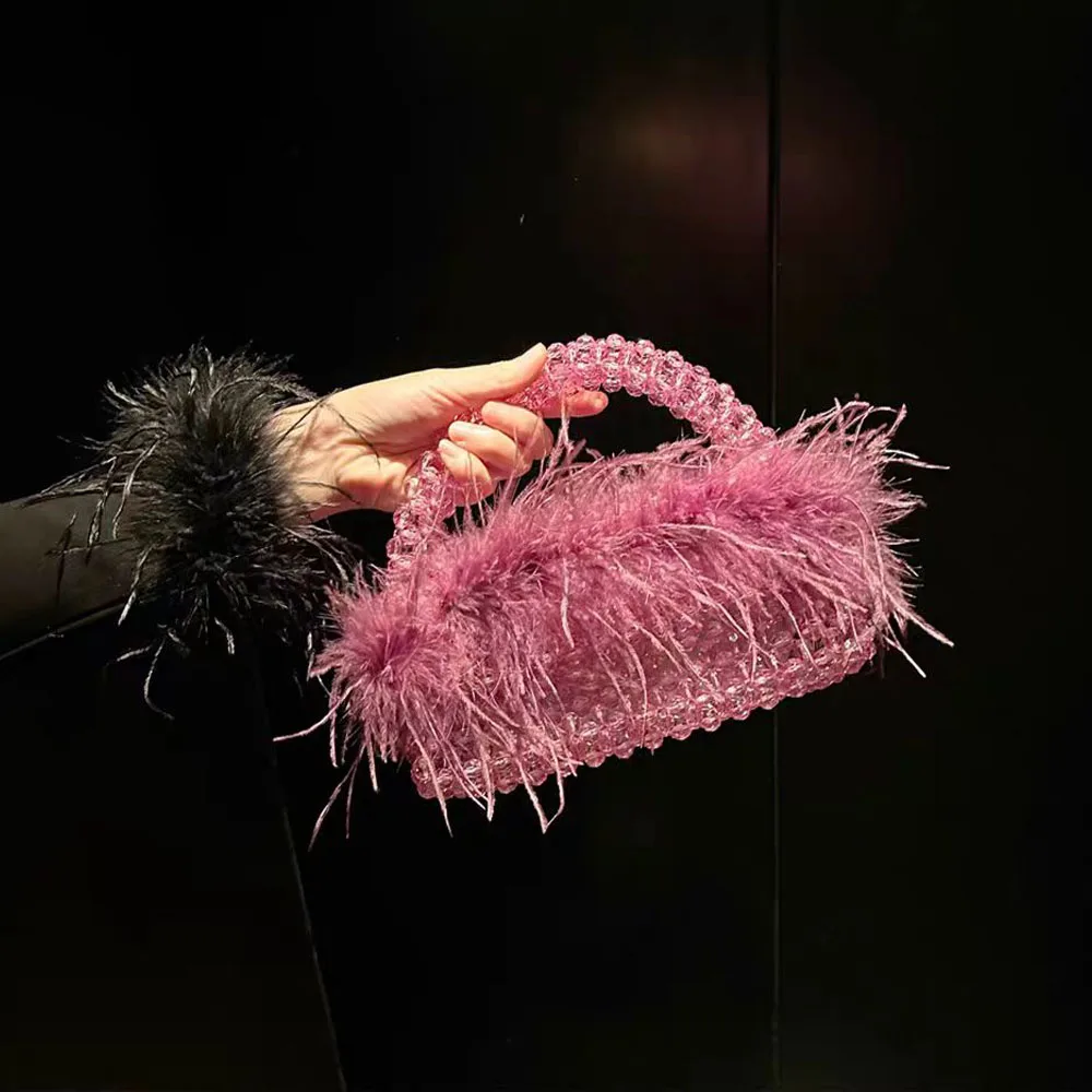 Parel kralen tas met veren bont Designer merk helder acryl kristal stenen doos Tote handtas vrouwen handgemaakte feesttas - afbeelding 1
