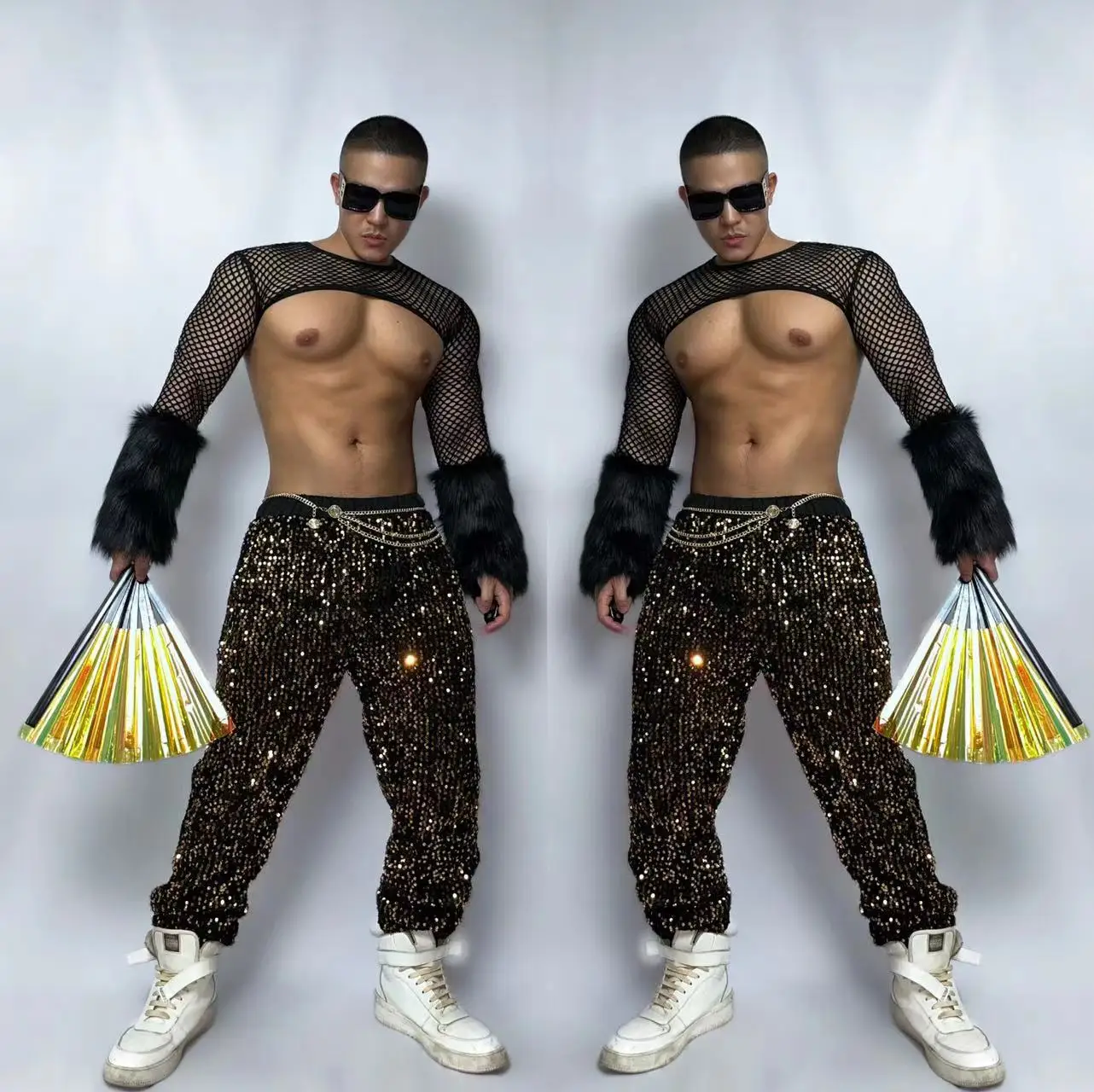 Muscle Man Sexy Jazz Dance Clothes Nightclub Gogo Dancer Outfit Mesh Tops Shiny Sequins Pants Dj Party Festival Clothing