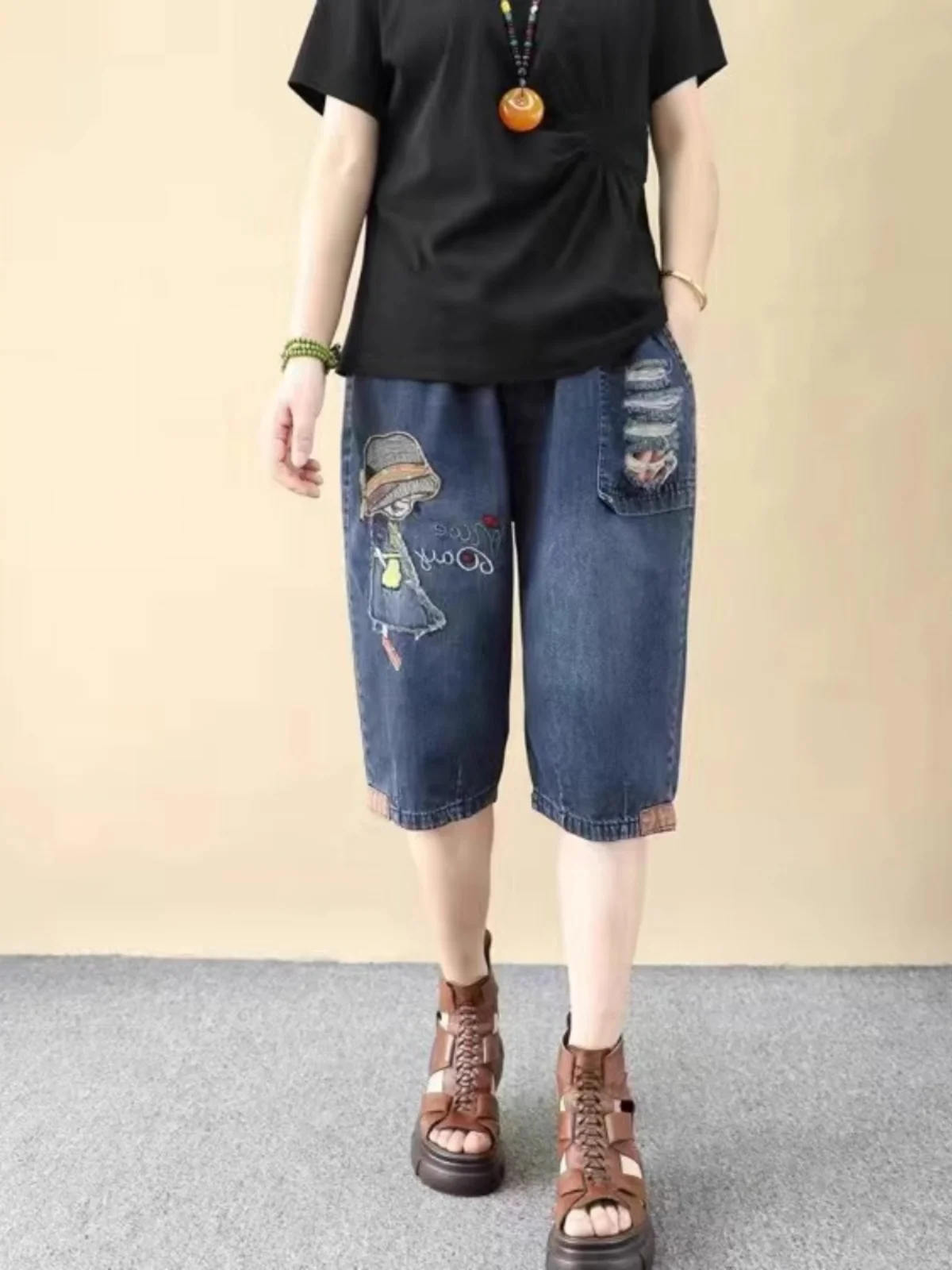 여름 빈티지 웨이드 데님 5부 바지 여성용 루즈 슬림 하란 캐주얼 얇은 하이웨이스트 6피트 청바지 랜턴 팬츠