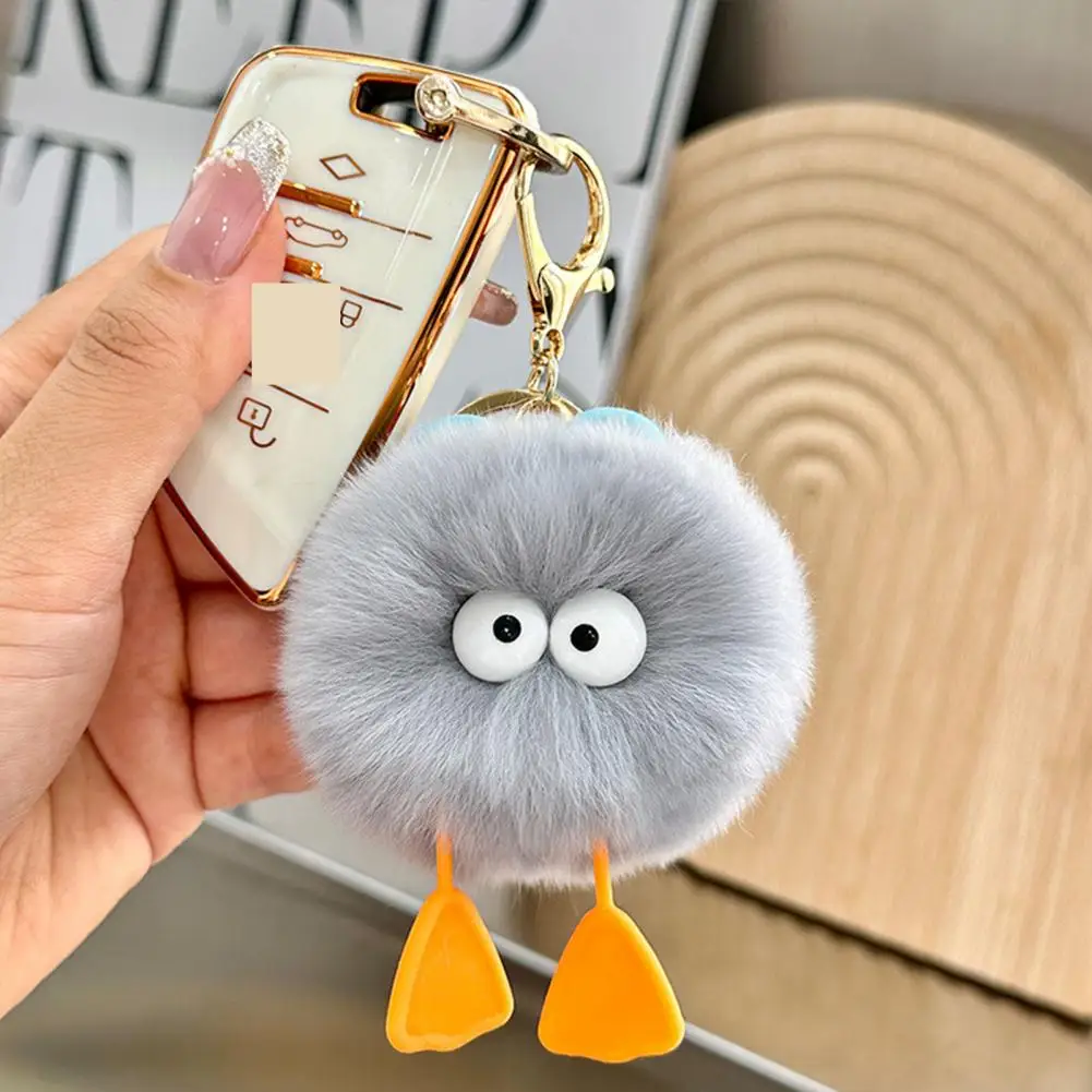 Keychain with Metal Ring Fuzzy Plush Cartoon Ball Keychain with Big Eyes for Stress Relief Backpack Ornament Cute for Birthday