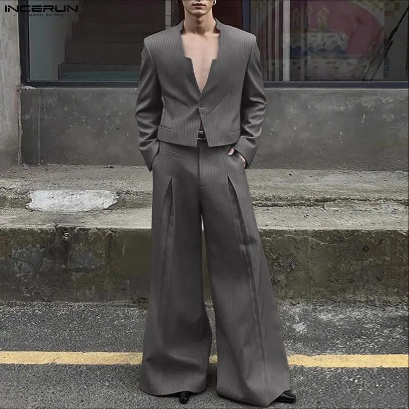 INCERUN الرجال مخطط مجموعات أنيقة الشارع الشهير الخامس الرقبة طويلة الأكمام المحاصيل السترة والسراويل قطعتين مجموعات موضة الدعاوى الرجالية غير رسمية