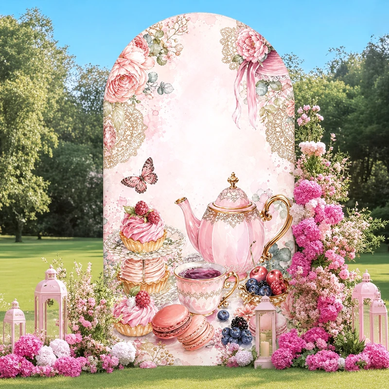 

Pink Tea Party Arch Backdrop Cover Floral Teapot Cupcake Elastic Fabric Cover for Girl Birthday Baby Shower Tea Party Decoration