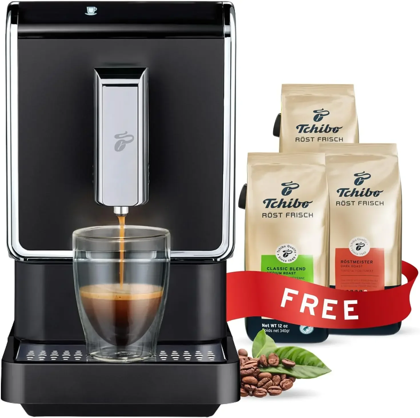 Tchibo Automatic Espresso & Coffee Machine Bundle with Built-in Grinder, Comes With 3 x 12 oz. Bags of Whole Bean Coffee, Black