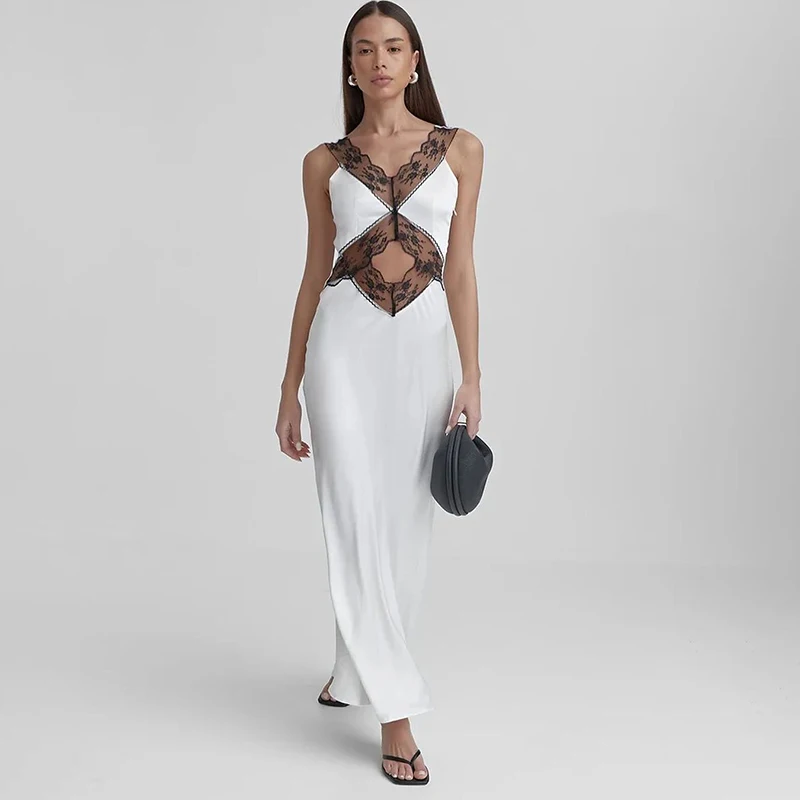 Modna sukienka trapezowa damska letnia koronkowa bez rękawów z dekoltem w serek Maxi seksowna białe sukienki casualowe w stylu Streetwear klubowa sukienka