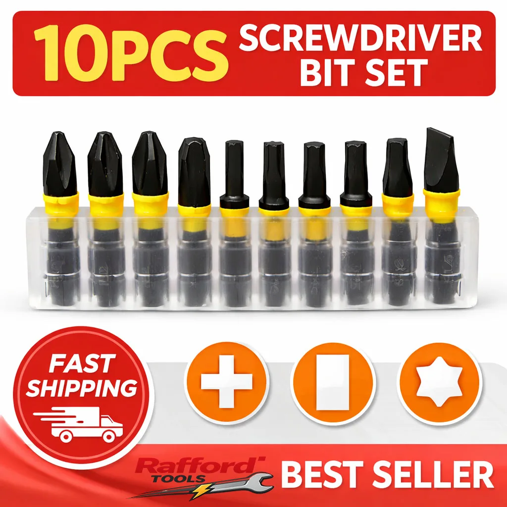 

Rafford 10-Piece Magnetic Screwdriver Bit Set — S2 Steel, Includes Storage Base — Suitable for Power Drills, DIY, and Hand Tools