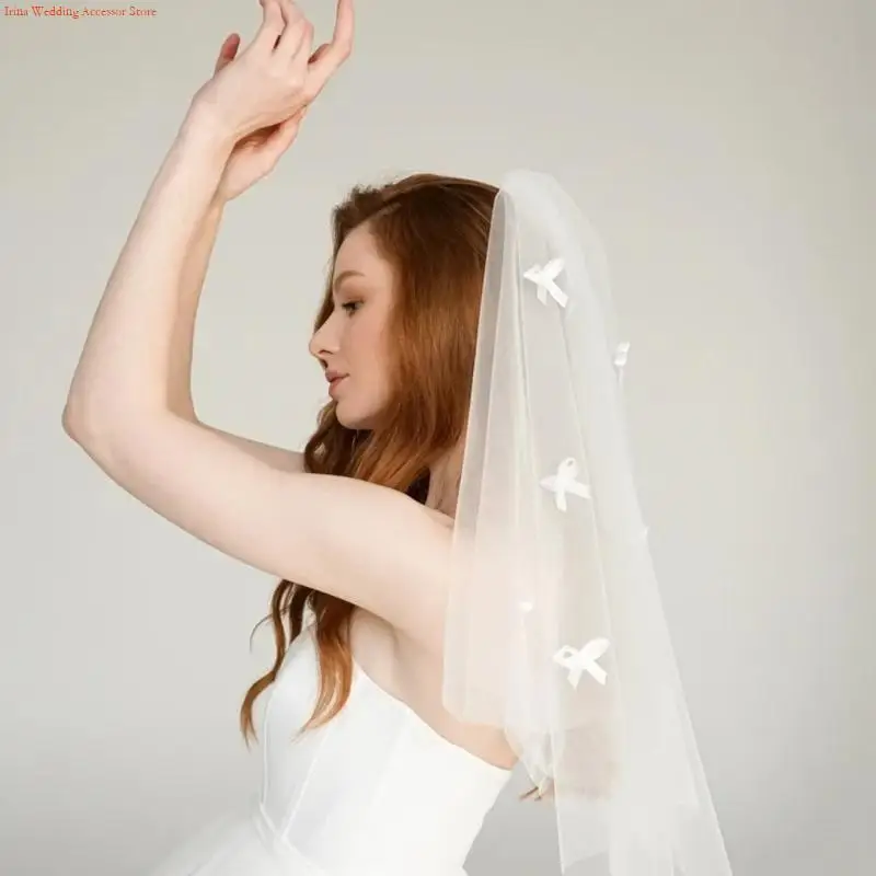 G92D Elegant White Tulle Wedding Veil With Scattered Bowknot Soft Bridal Accessory With Easy Attach Comb for Women Girls