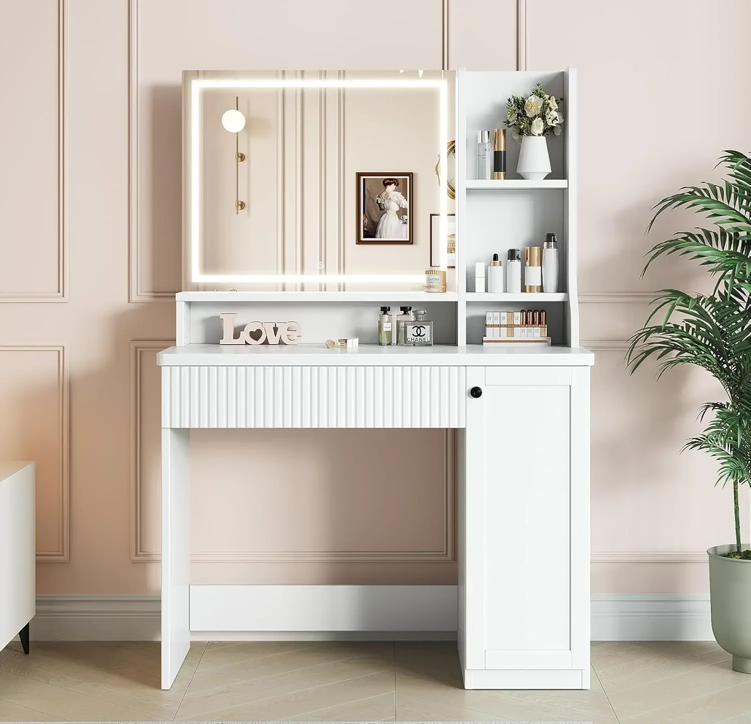

Vanity Desk with Mirror and Lights Bedroom Dressing Table, Makeup Table with Drawer, Cabinet, Adjustable LED Light