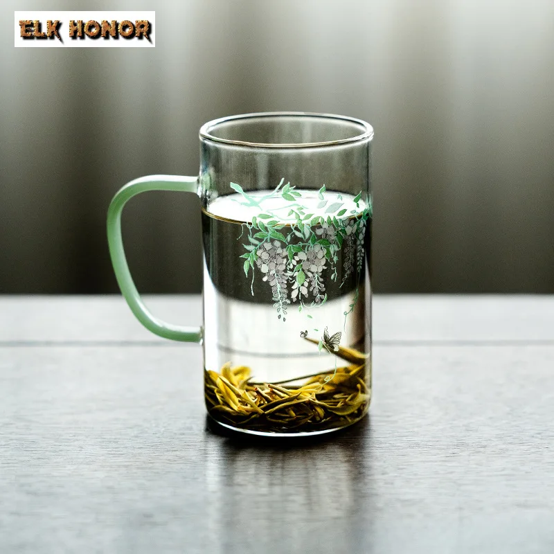 340ml Creative Wisteria Flower Borosilicate Ear Handle Cup Thickened Glass Water Jug Green Tea Special Brewing Mug Coffee Mug