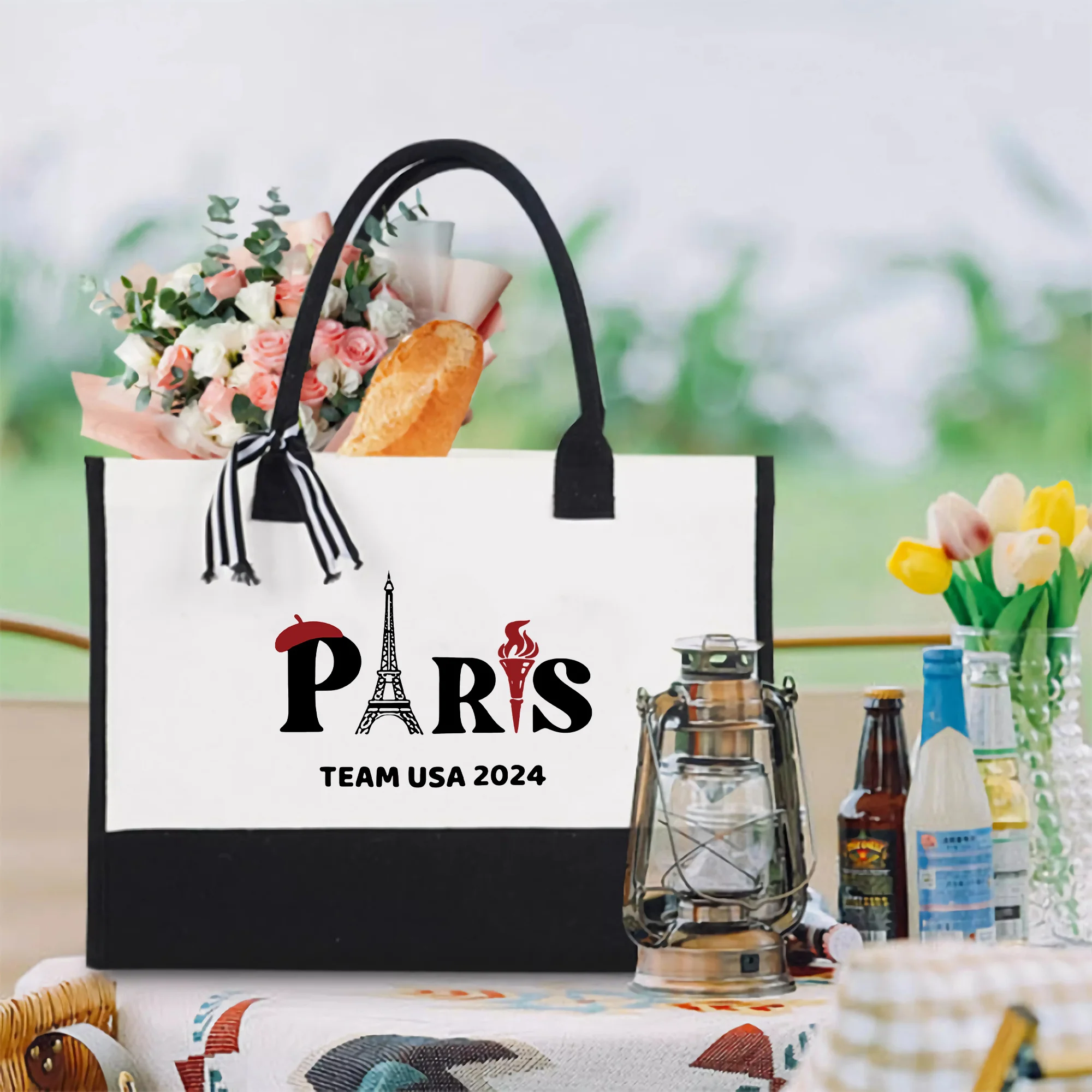 2024 Paris Torch Print Tote Bag Shoulder Shopping Bag Commemorative Collectibles Christmas Gift Canvas Travel Storage Handbag